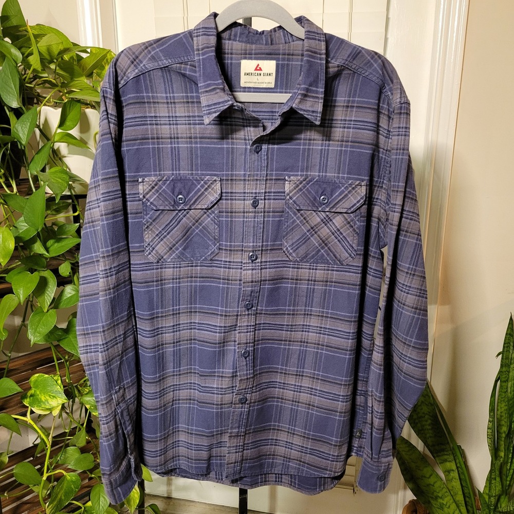 American Giant Mens Blue Grey Plaid Flannel Shirt Long Sleeve Made in USA Large